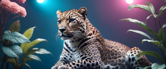 Majestic Spotted Leopard Poised Elegantly Under Studio Lighting Against a lush studio Backdrop, wallpaper