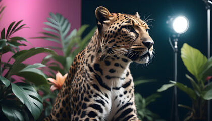 Fototapeta premium Majestic Spotted Leopard Poised Elegantly Under Studio Lighting Against a lush studio Backdrop, wallpaper