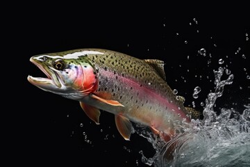 A stunning image capturing a rainbow trout as it jumps out of the water. Perfect for illustrating the excitement and energy of fishing or showcasing the beauty of underwater wildlife. - obrazy, fototapety, plakaty