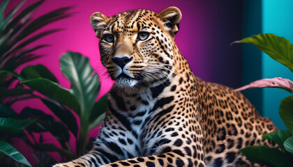 Majestic Spotted Leopard Poised Elegantly Under Studio Lighting Against a lush studio Backdrop, wallpaper