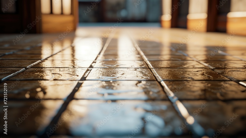 Poster A picture of a wet floor with a building in the background. Suitable for architectural or construction themes