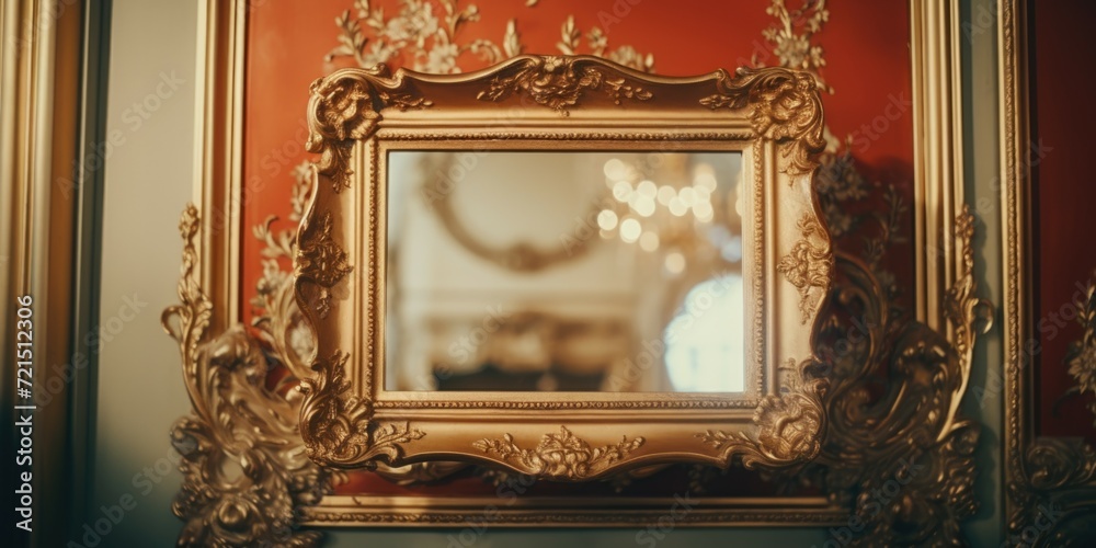 Poster a gold framed mirror sitting on top of a wall. perfect for adding elegance and sophistication to any