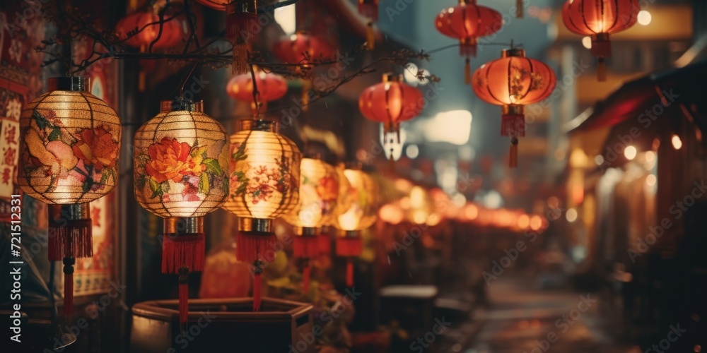 Poster a street filled with lots of red lanterns hanging from the ceiling. can be used to showcase a festiv