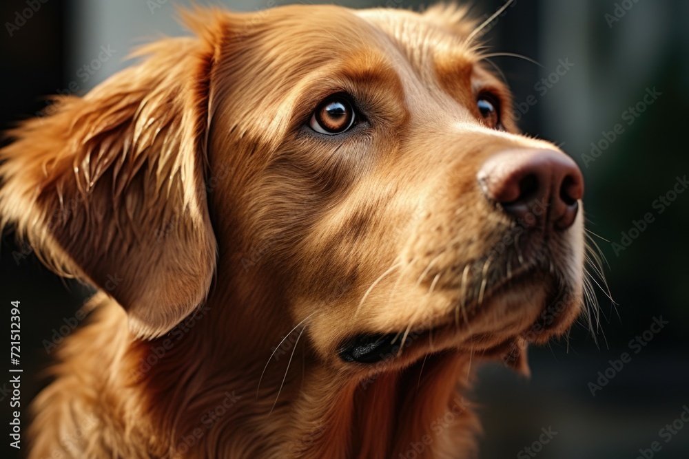 Poster a close-up view of a dog's face with a blurred background. suitable for various purposes
