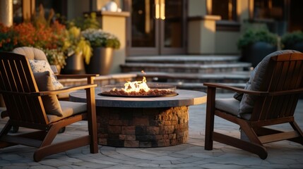A fire pit sitting on top of a stone patio. This image can be used to showcase outdoor living spaces and create a cozy ambiance - obrazy, fototapety, plakaty