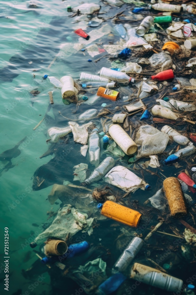 Poster a body of water filled with an overwhelming amount of trash. this image can be used to raise awarene