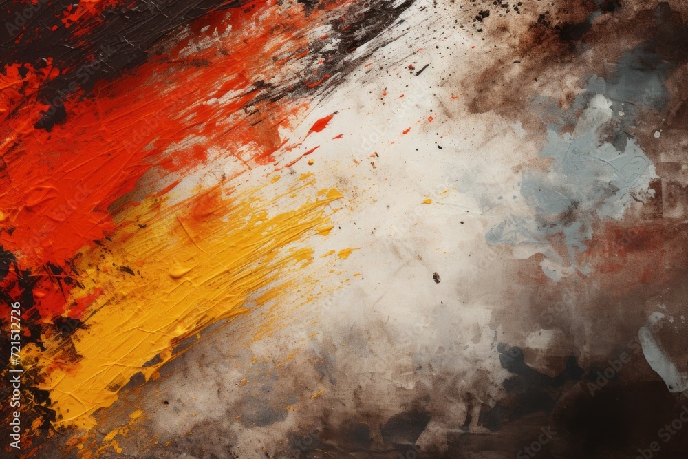 Poster a close-up view of an abstract painting featuring vibrant red, yellow, and black paint strokes. this