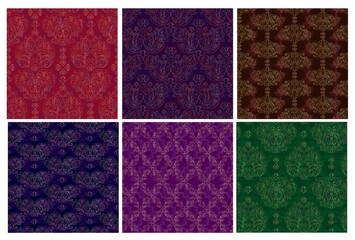 Vector damask vintage baroque ornament. Retro pattern antique style. Seamless luxury burgundy, red, navy, green and golden pattern set. Royal wallpaper. Gothic background. Vector ornament