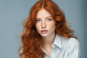 Fototapeta premium A woman with long red hair and striking blue eyes. This image can be used for various purposes, such as beauty, fashion, or portrait photography