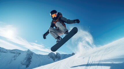 Fototapeta na wymiar A man is captured in mid-air while riding a snowboard. This action-packed image can be used to showcase extreme sports or winter adventure activities