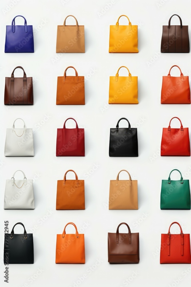Poster a collection of various colored handbags placed on a clean white surface. ideal for fashion-related 