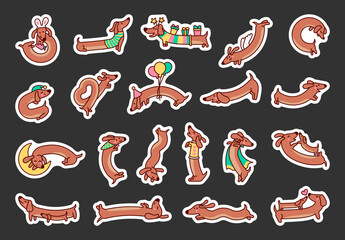 Cute cartoon long dachshund dog. Sticker Bookmark. Puppy wagging tail. Funny pet character. Hand drawn style. Vector drawing. Collection of design elements.