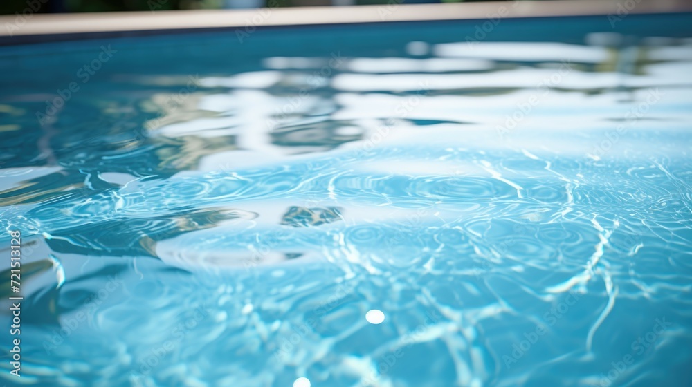 Poster A close-up view of a swimming pool with a frisbee floating in it. Perfect for summer-themed designs or advertisements