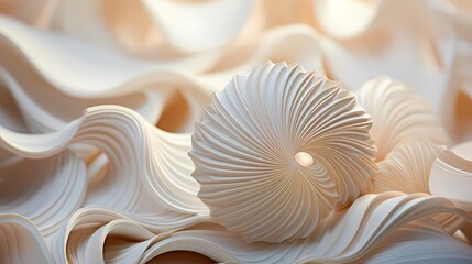 A close-up view of a delicate, intricately designed seashell with its mesmerizing spiral pattern against a soft, sandy beige background