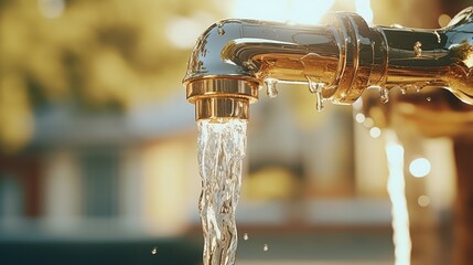 A close up view of a faucet with water flowing out. This image can be used to depict water conservation, plumbing, or home improvement - Powered by Adobe