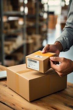 A person holding a package in front of a box. Suitable for shipping, delivery, or online shopping concepts