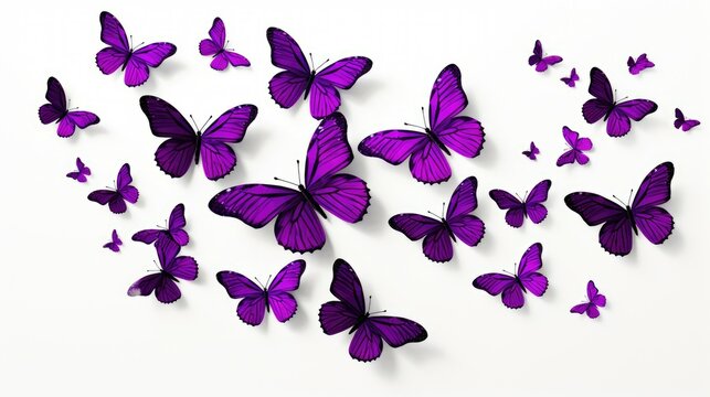 Purple butterflies gathered together on a clean white surface. Perfect for nature-themed designs and projects