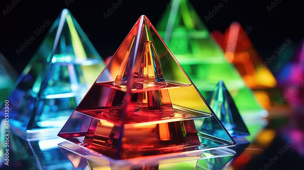 Poster A vibrant and eye-catching close-up of a group of colorful pyramids. Perfect for adding a pop of color and geometric shapes to any design project