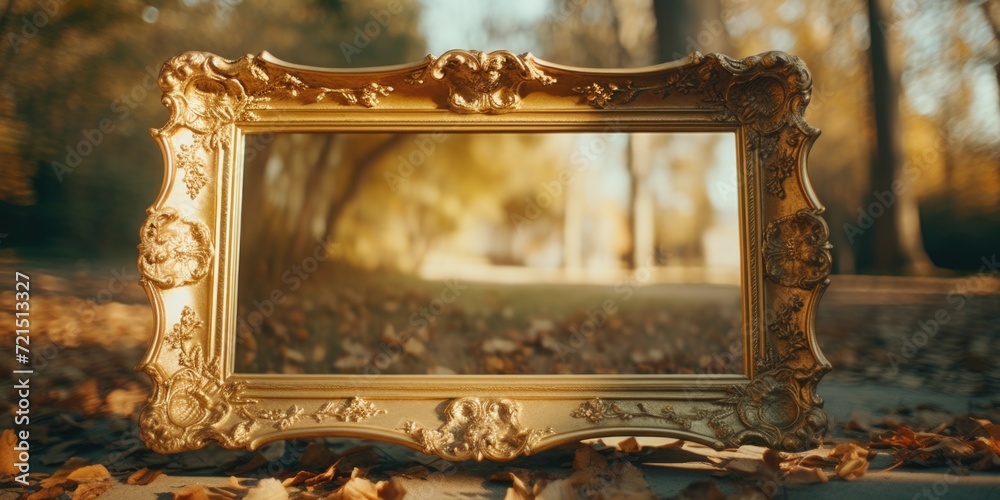 Poster a picture frame is placed on top of a pile of colorful leaves. suitable for autumn-themed designs an