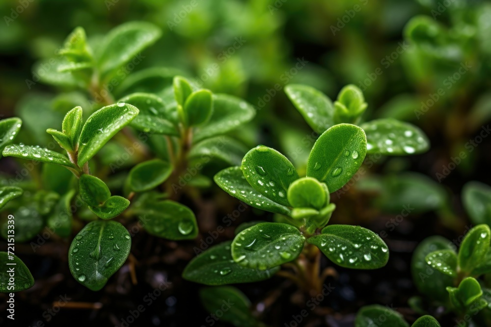 Poster a detailed view of a plant with glistening water droplets. perfect for adding a touch of nature and 