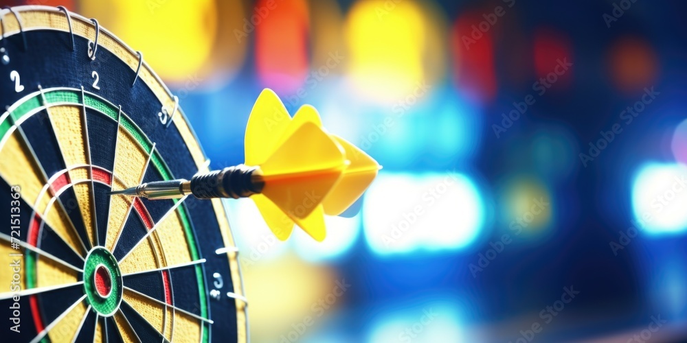 Poster a dart hitting the bullseye of a dart board. ideal for sports and competition-related designs