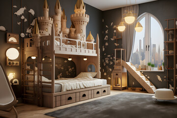 modern kids bedroom with a custom built castle bed - obrazy, fototapety, plakaty