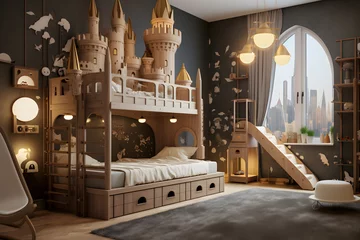 Fotobehang modern kids bedroom with a custom built castle bed © sugastocks