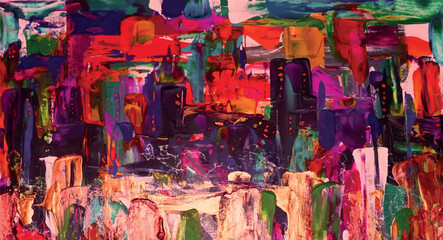 City landscape painting with paints, acrylic abstract painting. Sunset over the city. Work of art vector illustration.