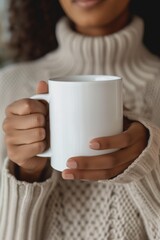 Close-up of hands holding a blank white coffee mug mockup