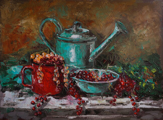 Oil painting, autumn still life, watering can, cup and bowl with ripe red grapes