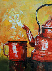 Acrylic painting of a red teapot with a cup standing on a stump on a yellow background
