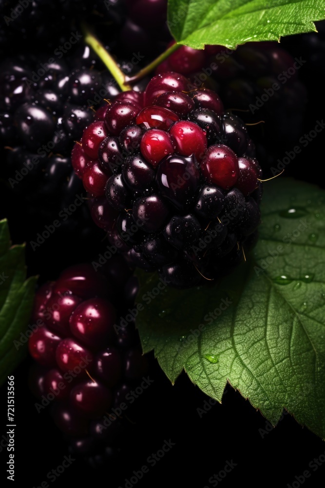 Poster a close-up view of a bunch of fresh blackberries. perfect for food and nutrition-related projects
