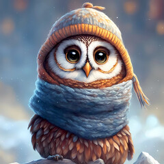 Little owl in a hat and scarf in winter.