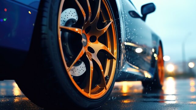 A detailed view of a blue car with vibrant orange rims. This image can be used to showcase the unique style and customization of the vehicle