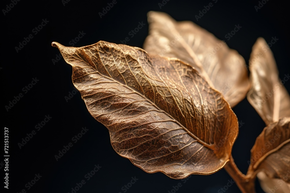Poster a detailed close-up of a single leaf attached to a stem. this image can be used to depict nature, pl