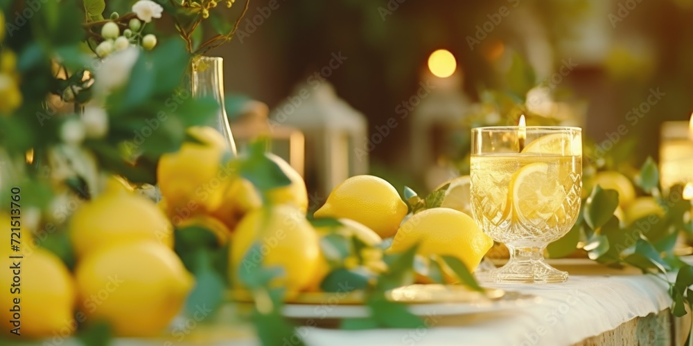 Poster A table adorned with fresh lemons and a glass of wine. Perfect for adding a touch of elegance and refreshment to any setting