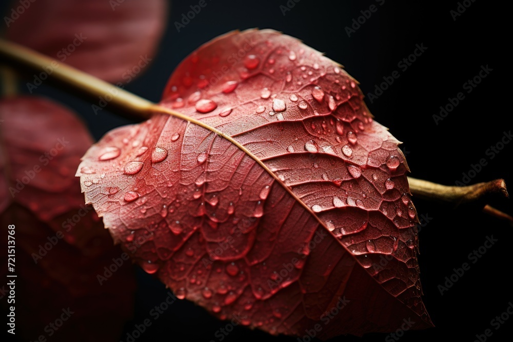 Poster A vibrant red leaf covered in sparkling water droplets. Perfect for nature-themed projects or adding a pop of color to your designs