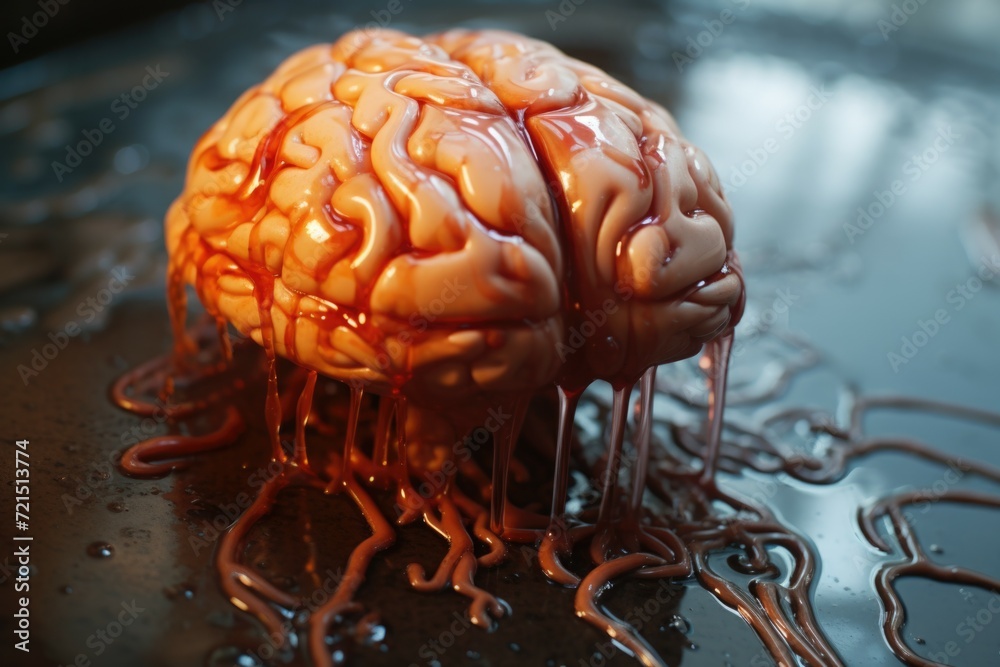 Poster A close-up view of a brain placed on a table. This image can be used to depict scientific research, medical studies, or neuroscience concepts