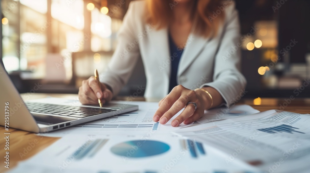 Wall mural woman analyzing financial charts on papers with laptop, report concept