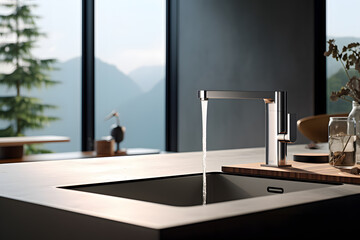 modern kitchen with a touchless faucet and smart appliance - obrazy, fototapety, plakaty