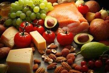 A vibrant collection of fruits, vegetables, nuts, and fish. This image showcases a wide range of fresh and healthy food options.