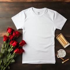 white plain tshirt Printify flat lay mockup on black marble, bouquet of red roses on bottom of marble сreated with Generative Ai