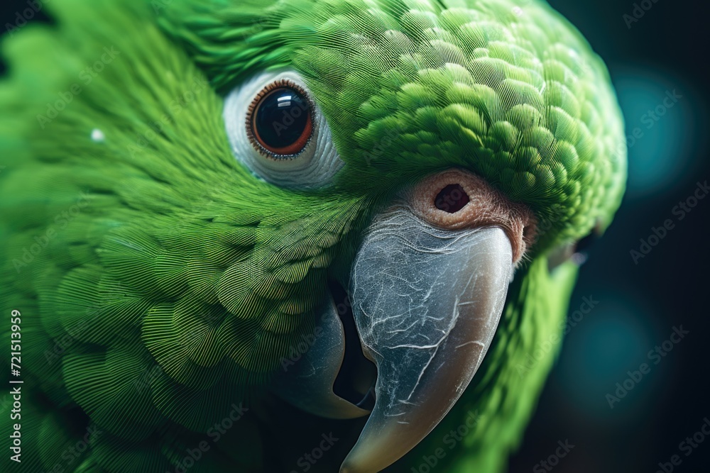 Poster a close-up view of a green parrot's face. can be used as a vibrant and eye-catching image for nature