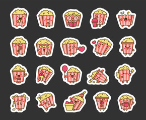 Cute kawaii popcorn character. Sticker Bookmark. Cartoon funny striped bucket of crunchy food. Hand drawn style. Vector drawing. Collection of design elements.