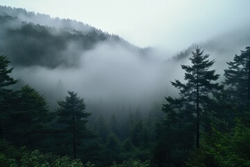 A view of a foggy forest from a distance. Ideal for nature and landscape themes