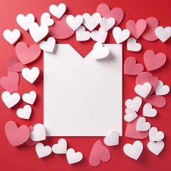 Valentine's day background with white paper hearts and blank card