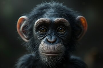 An infant chimpanzee gazes with innocent curiosity, its expressive eyes reflecting a depth of intelligence and wonder.

