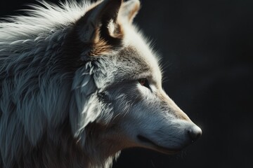 A side profile of a dignified wolf, its fur ruffled by the wind, against a dark backdrop, embodying the untamed beauty of wildlife.

