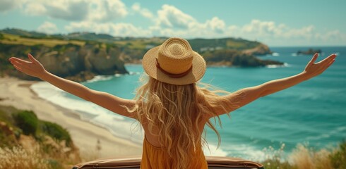 Under the vast blue sky, a stylish woman in a bright yellow dress and sun hat stands on the sandy beach, her arms outstretched in joy as she takes in the beautiful scenery around her