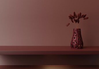 3D burgundy background with empty shelf podium display. Dark red luxury interior background. Elegant product promotion banner with design plant vase. Studio 3D render illustration.